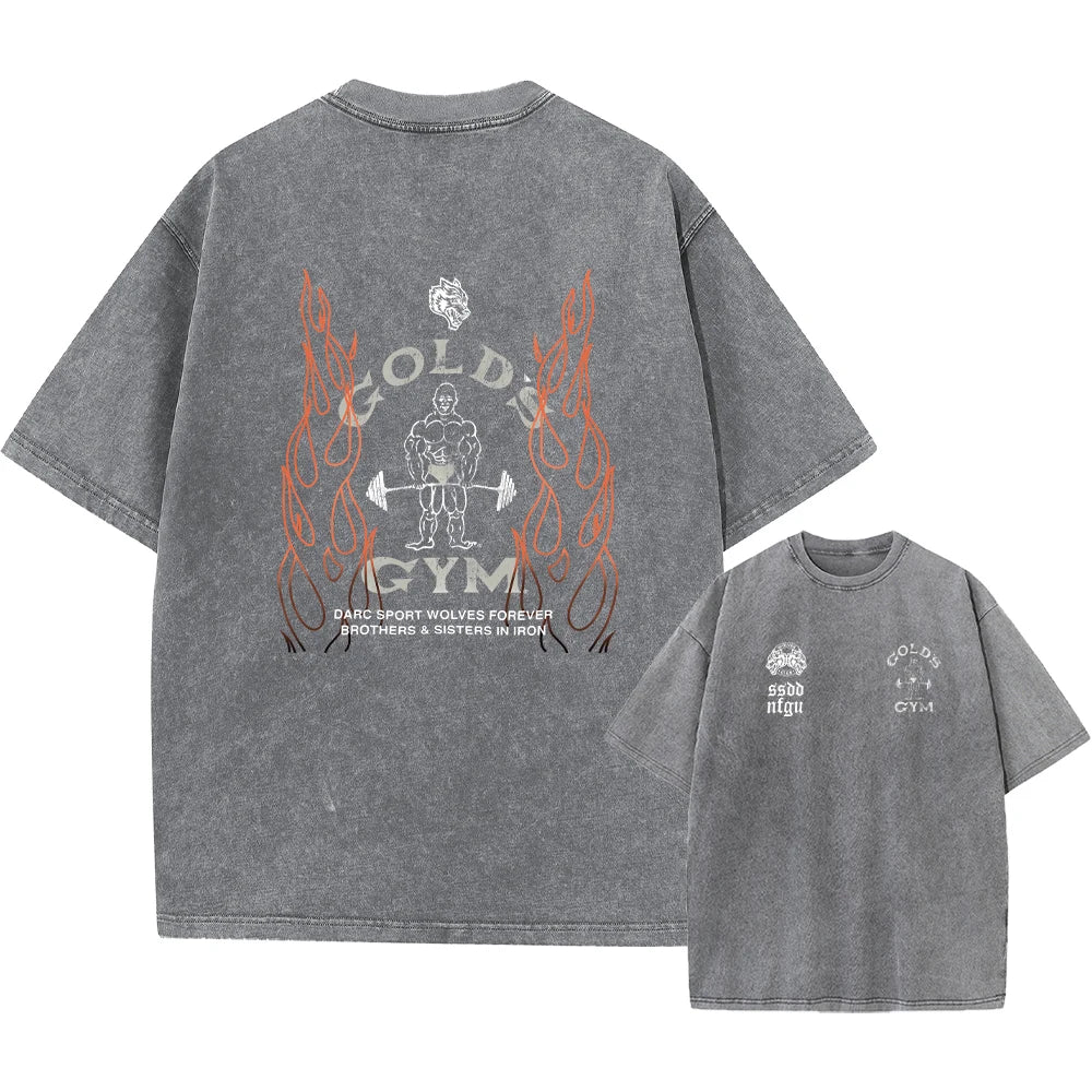 Men's Pure Cotton Washed T-Shirt Outdoor Casual Distressed Fitness Flame Print Short Sleeved Loose Breathable Sports Top