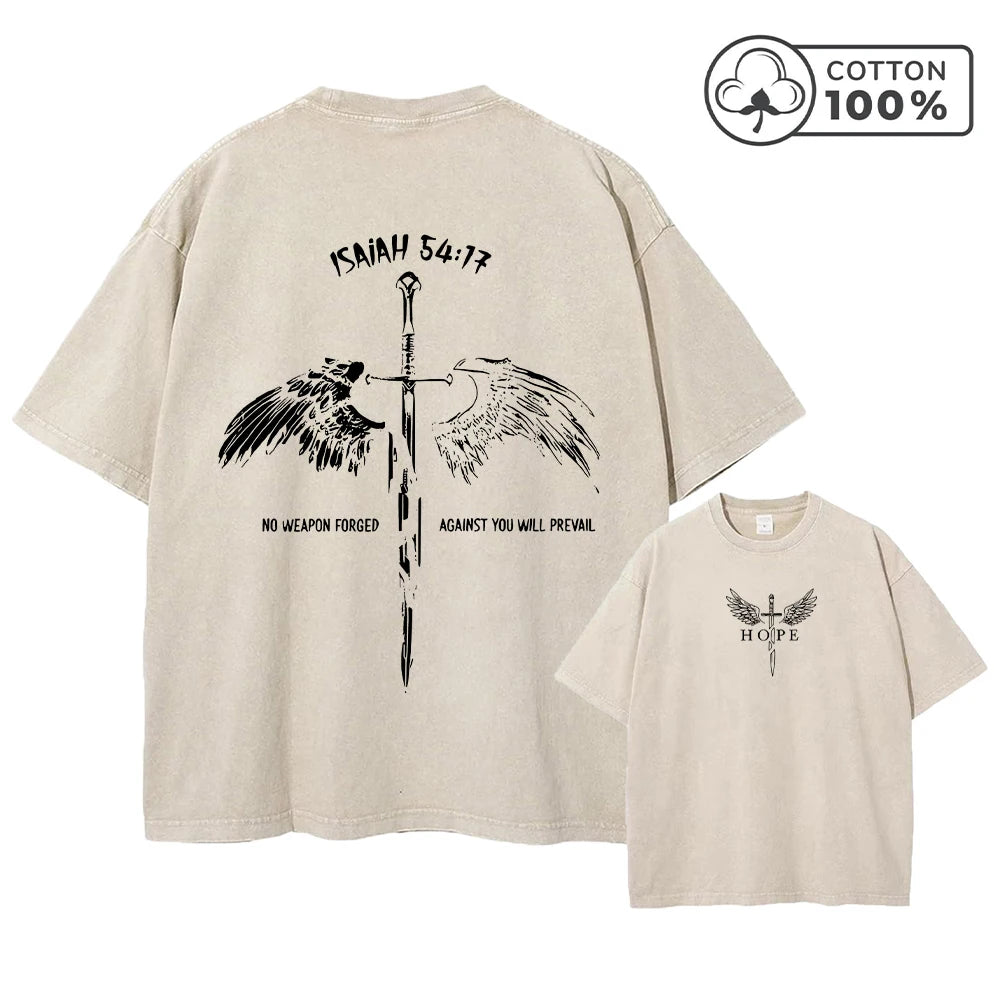 Men's Distressed Pure Cotton Washed T-Shirt With Wings And Sword Print Short Sleeve Loose Fit Casual Daily Wear Fitness Top