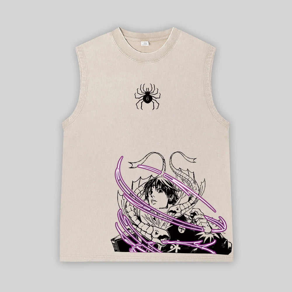 Anime Hunter X Hunter Acid Vest Retro Vintage Printed Washed Graphic Vest Men Harajuku Y2k Cotton Casual Tshirt Tops Unisex