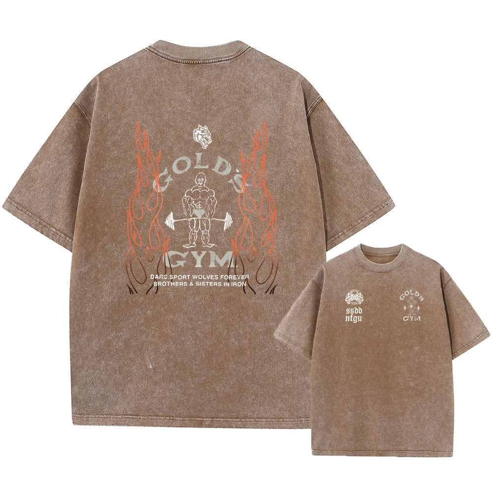 Men's Pure Cotton Washed T-Shirt Outdoor Casual Distressed Fitness Flame Print Short Sleeved Loose Breathable Sports Top