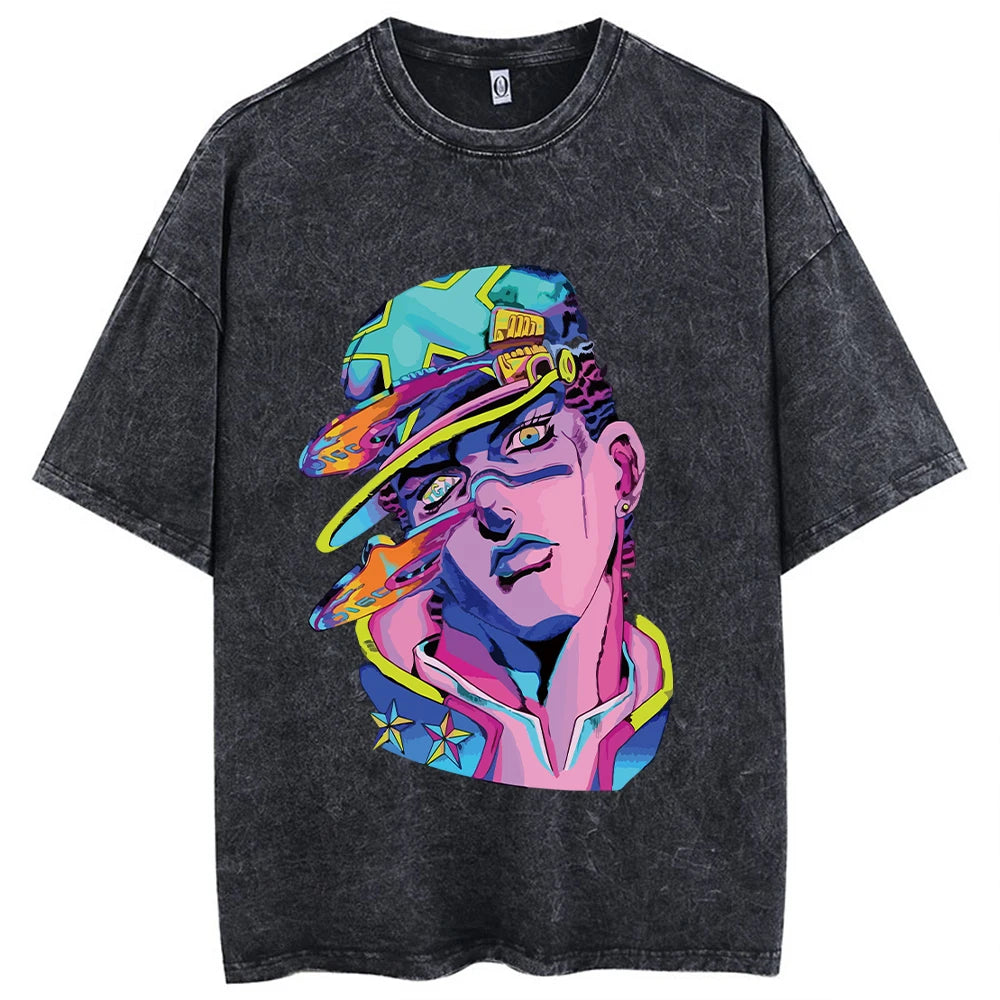 Y2k Washed T-shirts For Men Anime JoJo's Bizarre Adventure Short Tshirts Women Tops Graphic Printed TShirt Short Sleeve Unisex