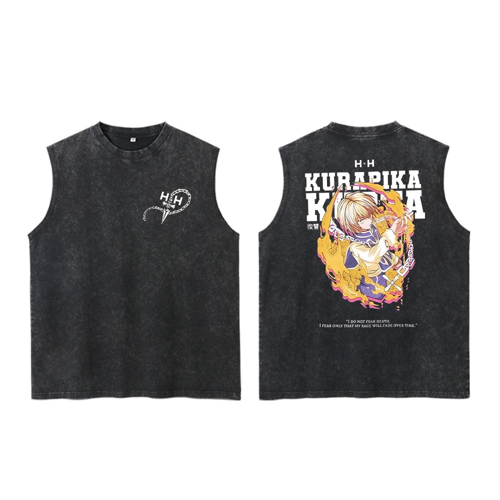 Anime Hunter X Hunter Acid Vest Retro Vintage Printed Washed Graphic Vest Men Harajuku Y2k Cotton Casual Tshirt Tops Unisex