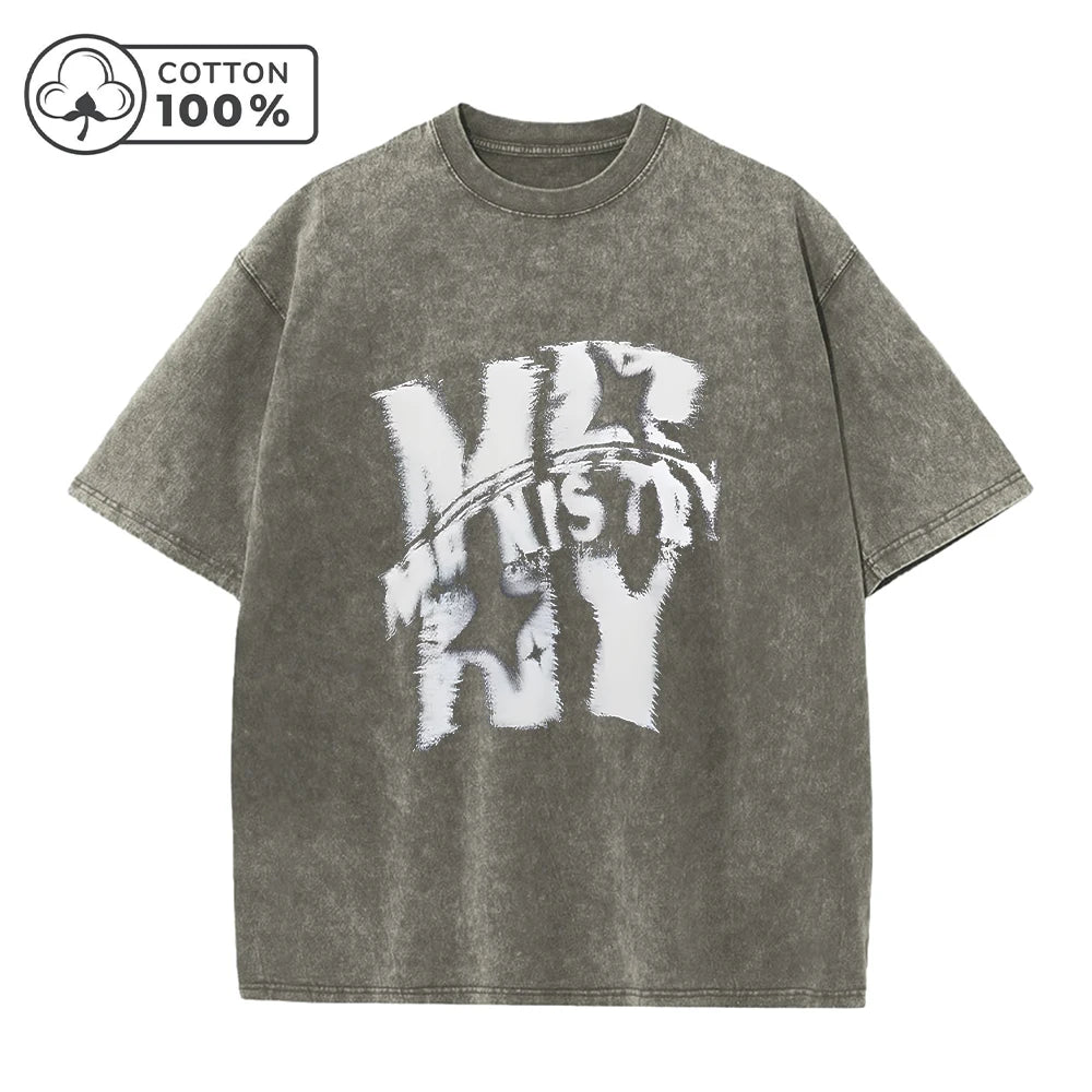 Men's Street Style Washed T-Shirt With Trendy Text Print Retro Pure Cotton Short Sleeve Top For Everyday Commute And Casual Wear