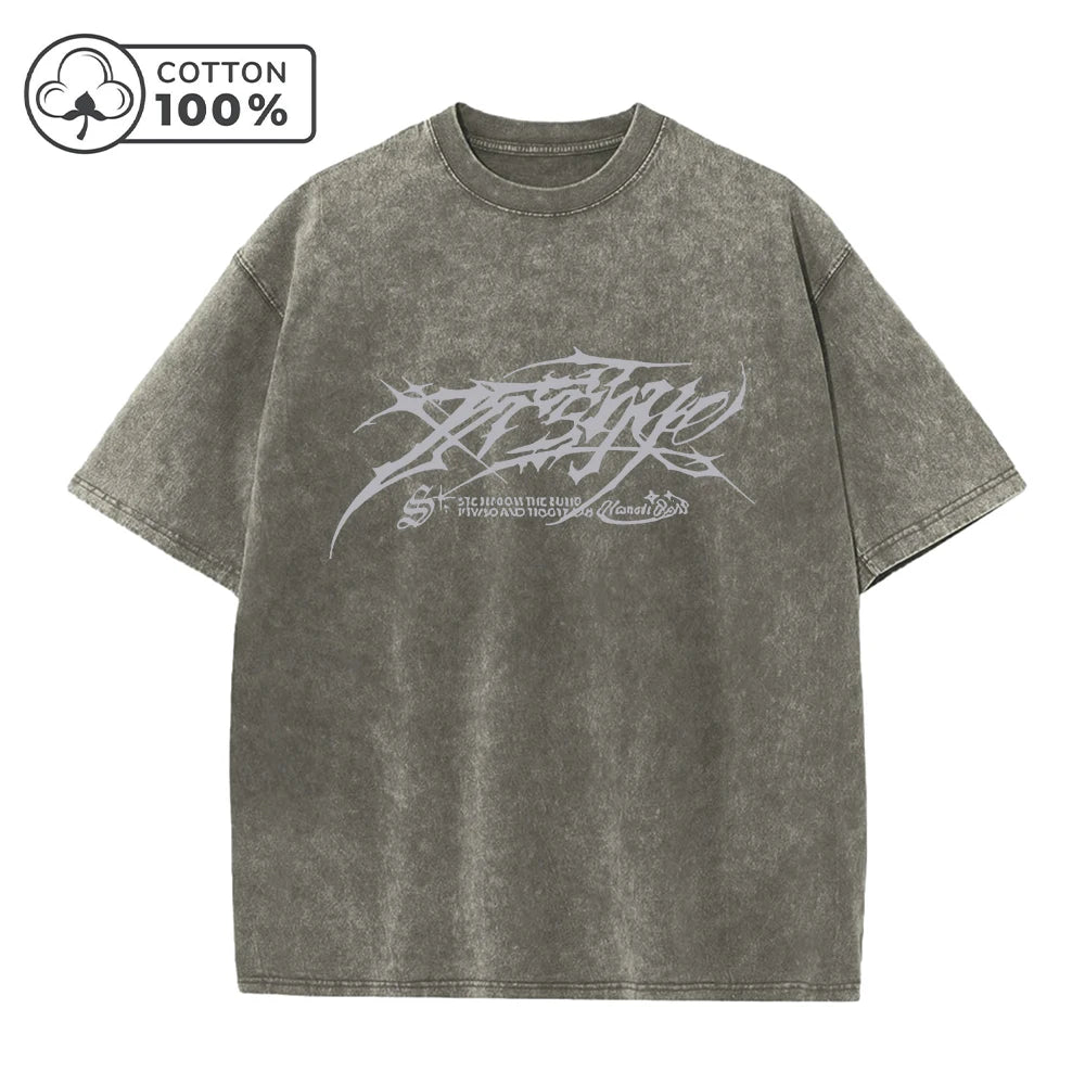Men's Distressed Pure Cotton Washed T-Shirt Fashionable Gothic Letter Print Loose Fit Casual Short Sleeve Daliy Street Style Top