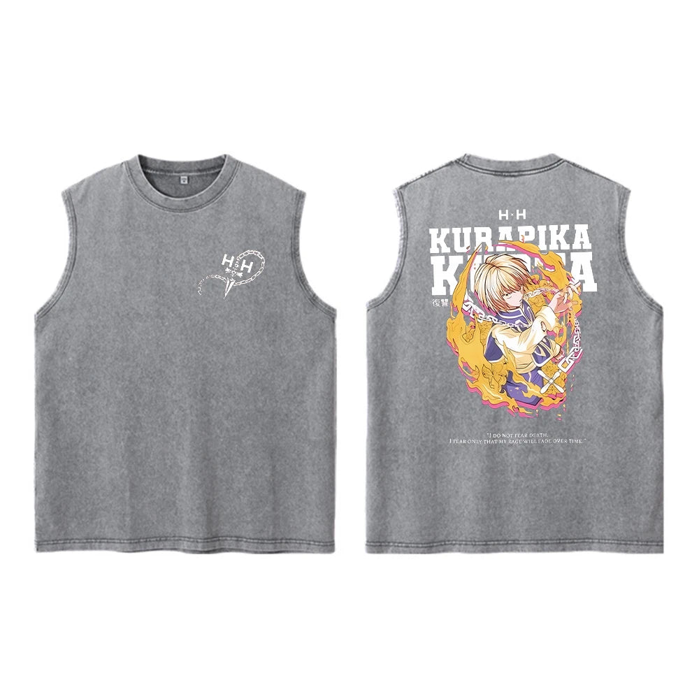 Anime Hunter X Hunter Acid Vest Retro Vintage Printed Washed Graphic Vest Men Harajuku Y2k Cotton Casual Tshirt Tops Unisex