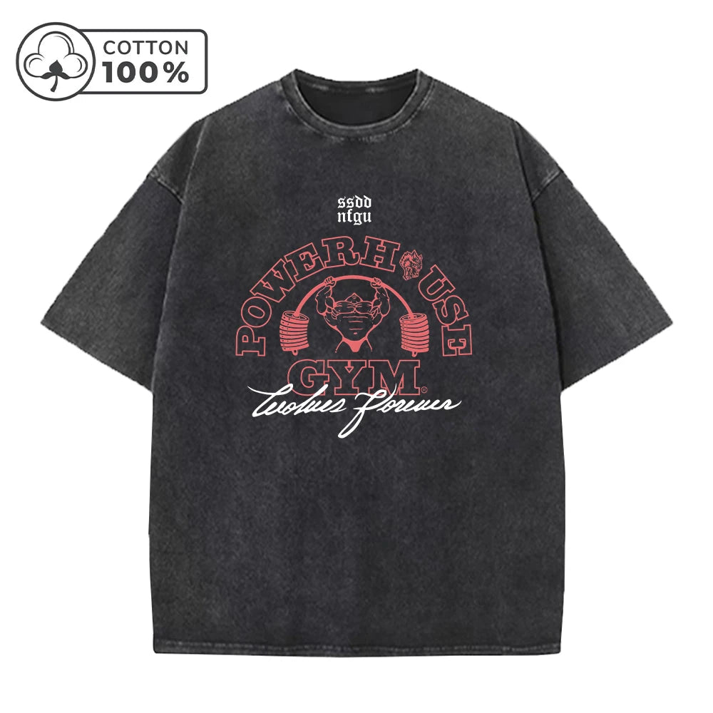 Men's Dumbbell Printed Washed T-Shirt Casual Pure Cotton Street Style Short Sleeve Summer Loose Breathable Sports Top