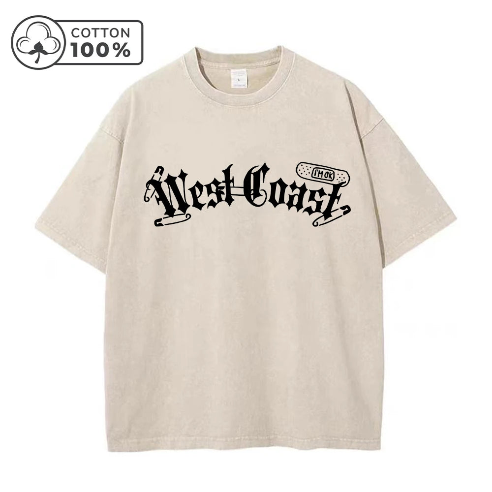Men's Fashionable Washed T-Shirt With Unique Thorn Text Print Loose Casual Pure Cotton Short Sleeved Street Style Commuter Top