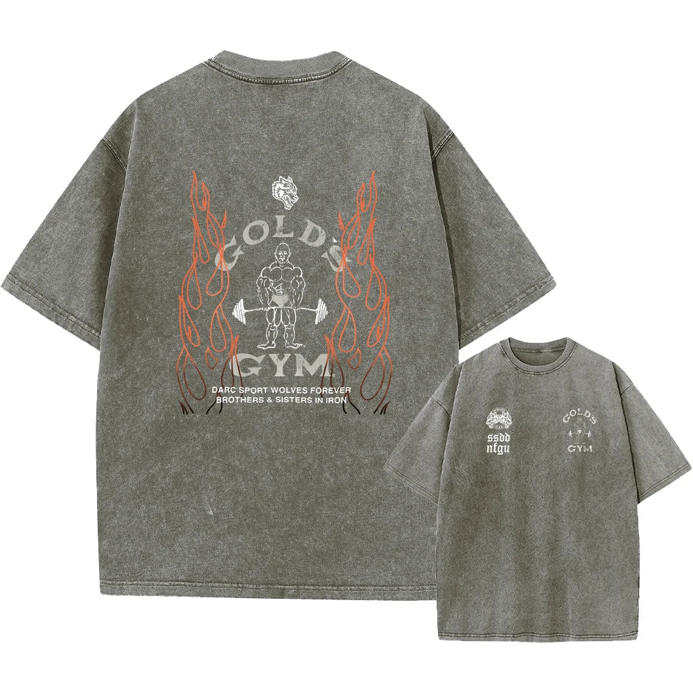 Men's Pure Cotton Washed T-Shirt Outdoor Casual Distressed Fitness Flame Print Short Sleeved Loose Breathable Sports Top
