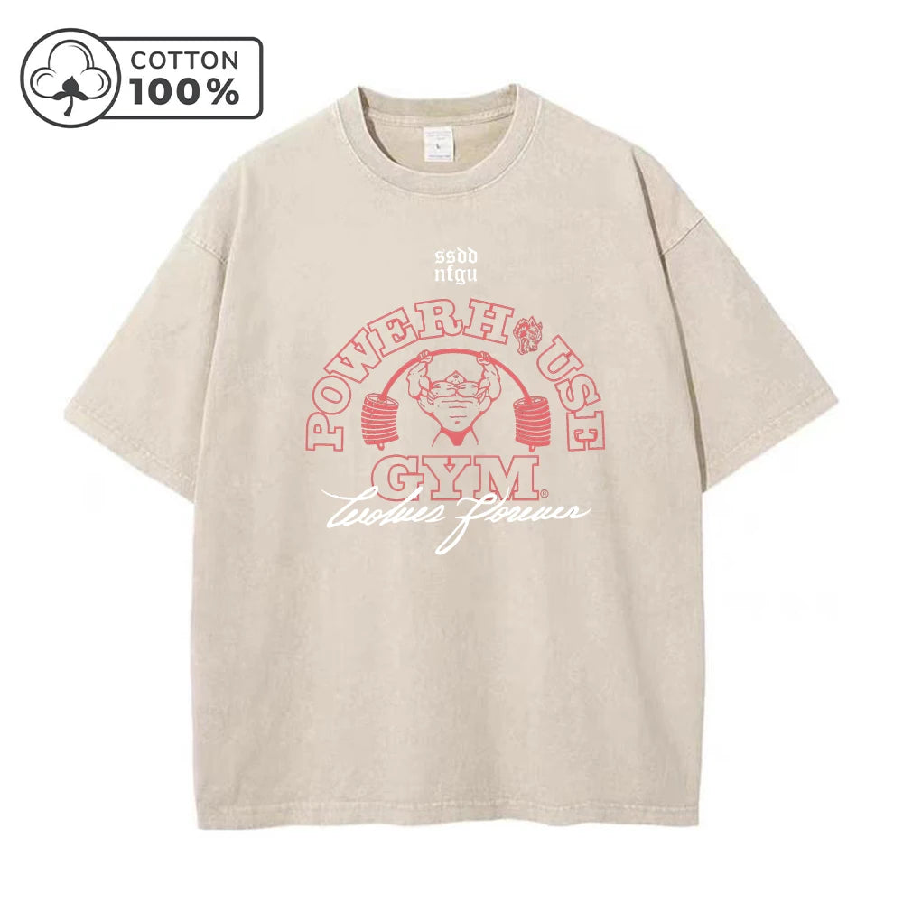 Men's Dumbbell Printed Washed T-Shirt Casual Pure Cotton Street Style Short Sleeve Summer Loose Breathable Sports Top