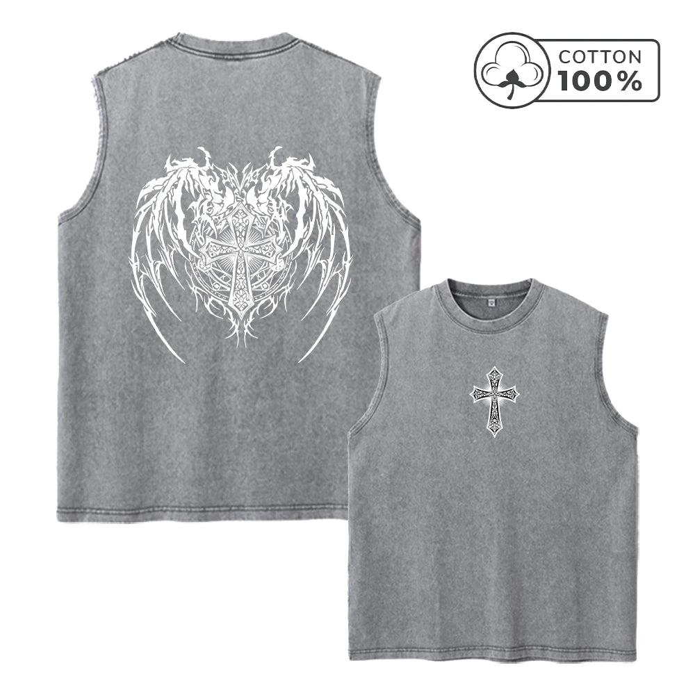 Men's Retro Washed Vest With Cross Wing Print Loose Fit Casual Pure Cotton Sleeveless Top Summer Fitness Running Base Shirt