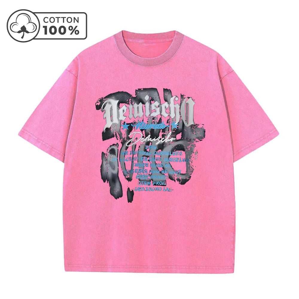 Men's Spring And Summer Casual Washed T-Shirt Vintage Distressed Pure Cotton Crew Neck Short Sleeve Unique Text Print Top