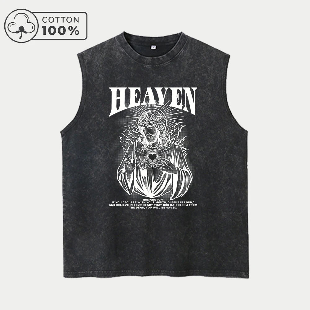 Men's Retro Street Style Pure Cotton Washed Vest God Print Loose Casual Sleeveless Top Comfortable And Breathable Fitness Vest