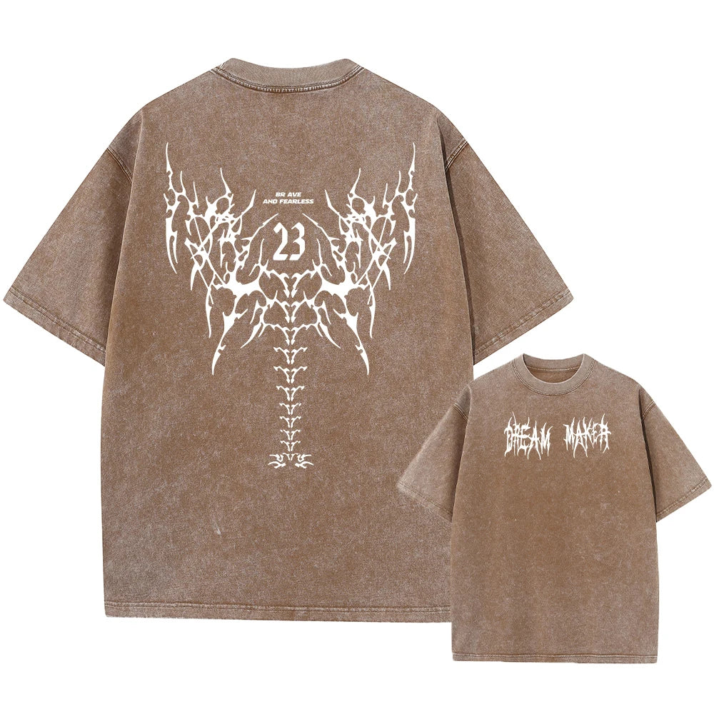 Men's Gothic Wing Print Washed T-Shirt Breathable Pure Cotton Crew Neck Short Sleeve Street Hip Hop Fashion Base Layer