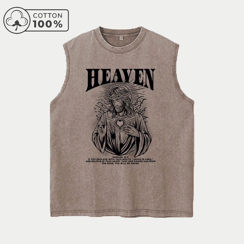 Men's Retro Street Style Pure Cotton Washed Vest God Print Loose Casual Sleeveless Top Comfortable And Breathable Fitness Vest