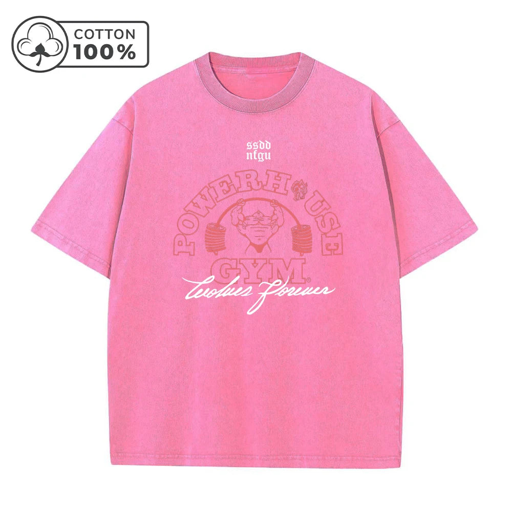 Men's Dumbbell Printed Washed T-Shirt Casual Pure Cotton Street Style Short Sleeve Summer Loose Breathable Sports Top