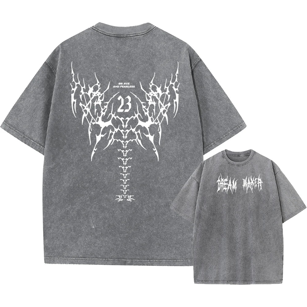 Men's Gothic Wing Print Washed T-Shirt Breathable Pure Cotton Crew Neck Short Sleeve Street Hip Hop Fashion Base Layer