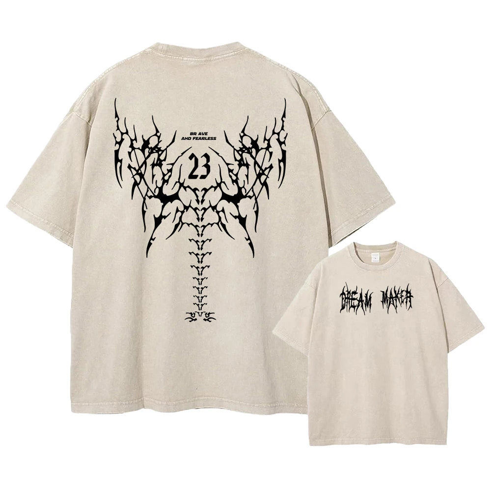 Men's Gothic Wing Print Washed T-Shirt Breathable Pure Cotton Crew Neck Short Sleeve Street Hip Hop Fashion Base Layer