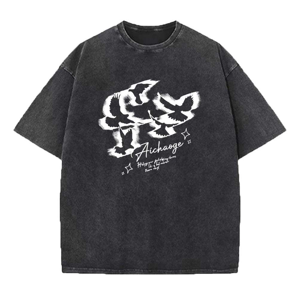Men's Bird Print Washed T Shirt Summer Retro Distressed Pure Cotton Crew Neck Short Sleeve Fashionable Loose Casual Commuter Top