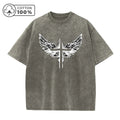 Men's Fashion Retro Washed T Shirt With Cross Wing Print Loose Fit Casual Pure Cotton Short Sleeve Street Style Commuter Top
