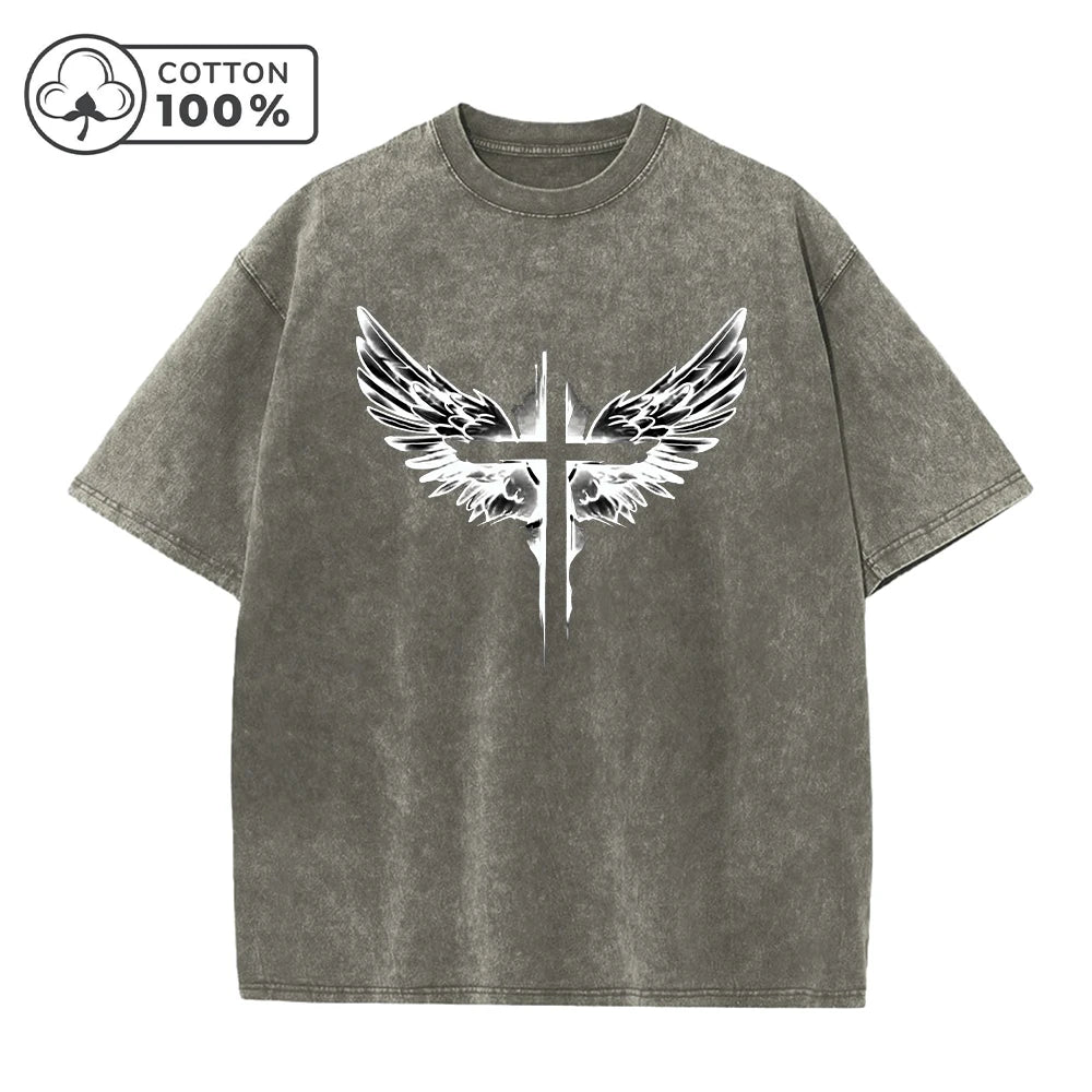Men's Fashion Retro Washed T Shirt With Cross Wing Print Loose Fit Casual Pure Cotton Short Sleeve Street Style Commuter Top