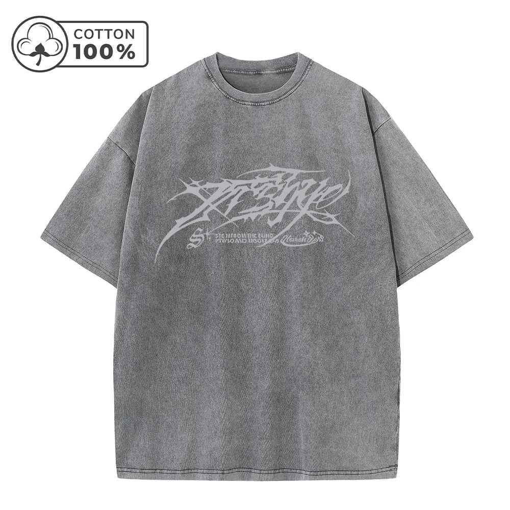 Men's Distressed Pure Cotton Washed T-Shirt Fashionable Gothic Letter Print Loose Fit Casual Short Sleeve Daliy Street Style Top