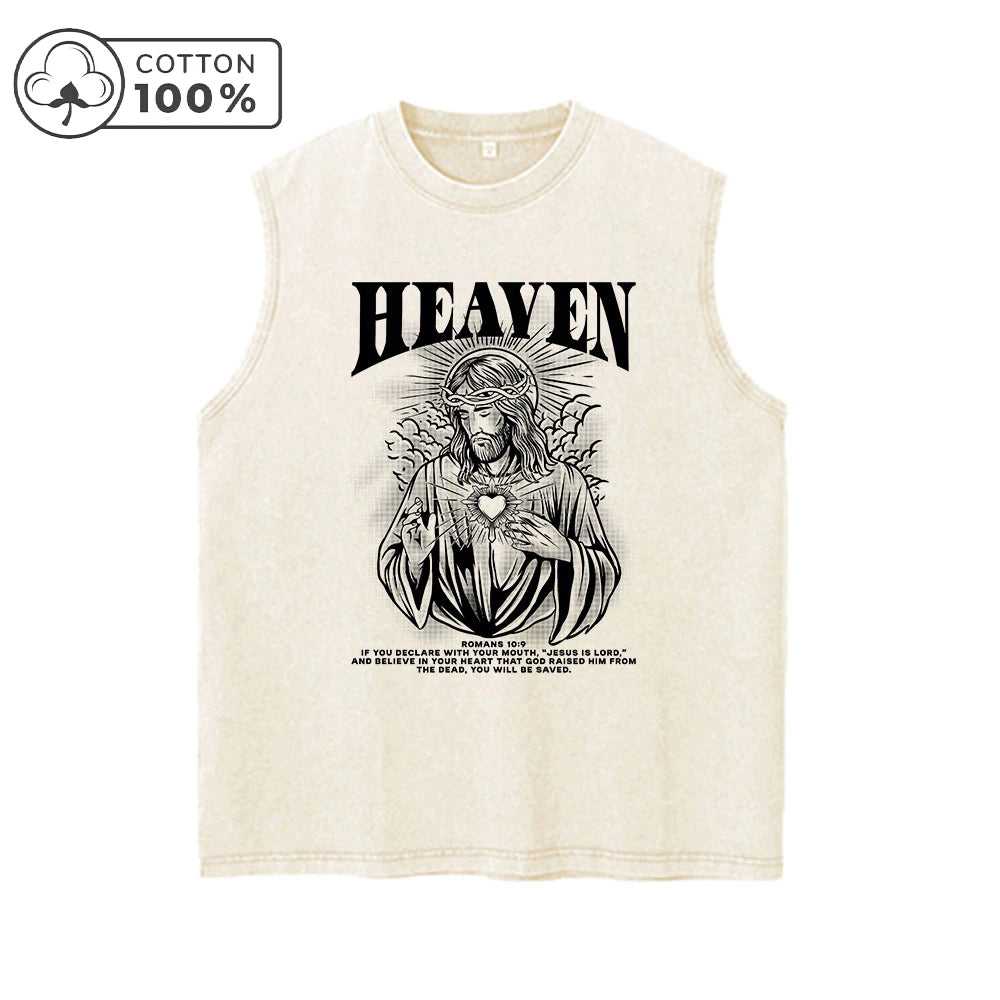 Men's Retro Street Style Pure Cotton Washed Vest God Print Loose Casual Sleeveless Top Comfortable And Breathable Fitness Vest