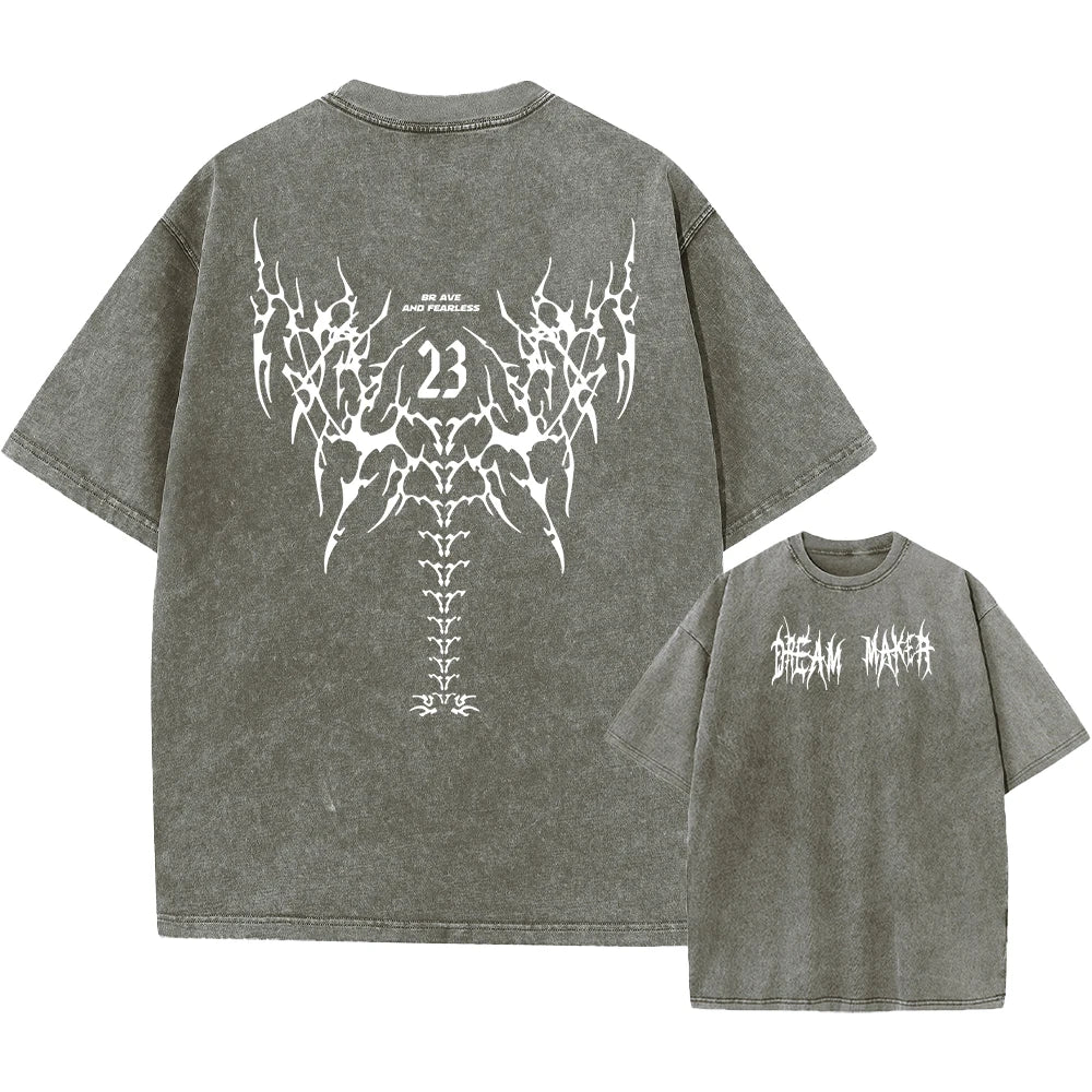 Men's Gothic Wing Print Washed T-Shirt Breathable Pure Cotton Crew Neck Short Sleeve Street Hip Hop Fashion Base Layer