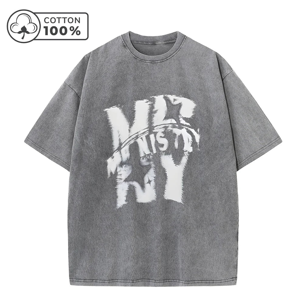 Men's Street Style Washed T-Shirt With Trendy Text Print Retro Pure Cotton Short Sleeve Top For Everyday Commute And Casual Wear