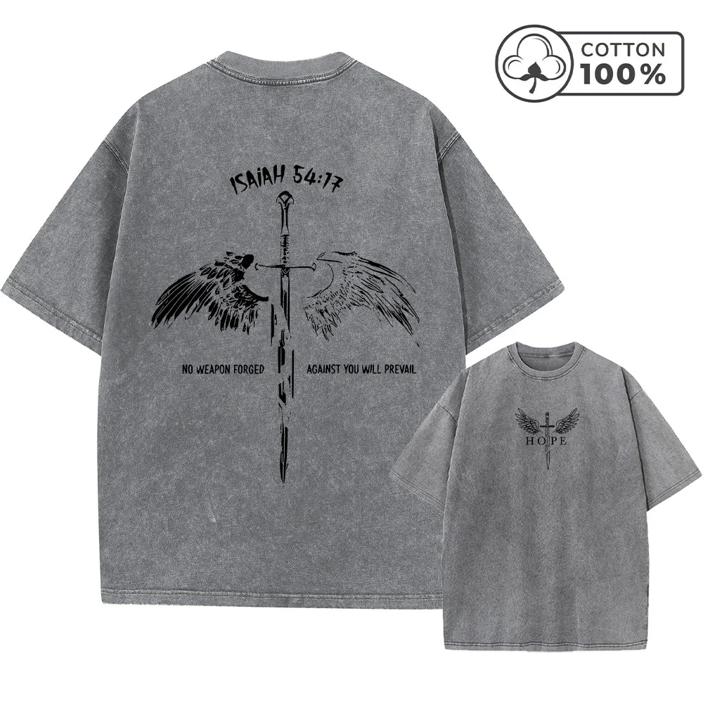 Men's Distressed Pure Cotton Washed T-Shirt With Wings And Sword Print Short Sleeve Loose Fit Casual Daily Wear Fitness Top