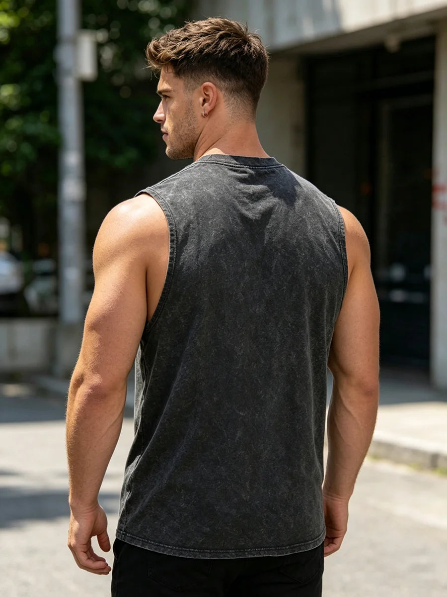 Men's Simple Butterfly Print Retro Washed Vest Summer Casual Heavyweight Pure Cotton Sleeveless Vest Street Style Loose Top