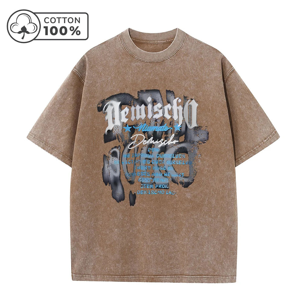 Men's Spring And Summer Casual Washed T-Shirt Vintage Distressed Pure Cotton Crew Neck Short Sleeve Unique Text Print Top