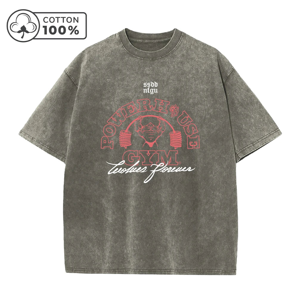 Men's Dumbbell Printed Washed T-Shirt Casual Pure Cotton Street Style Short Sleeve Summer Loose Breathable Sports Top