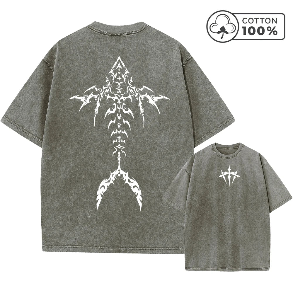 Men's  Fashion Washed T-Shirt With Unique Fishbone Print Loose Fit Casual Pure Cotton Short Sleeve Street Style Commuter Top
