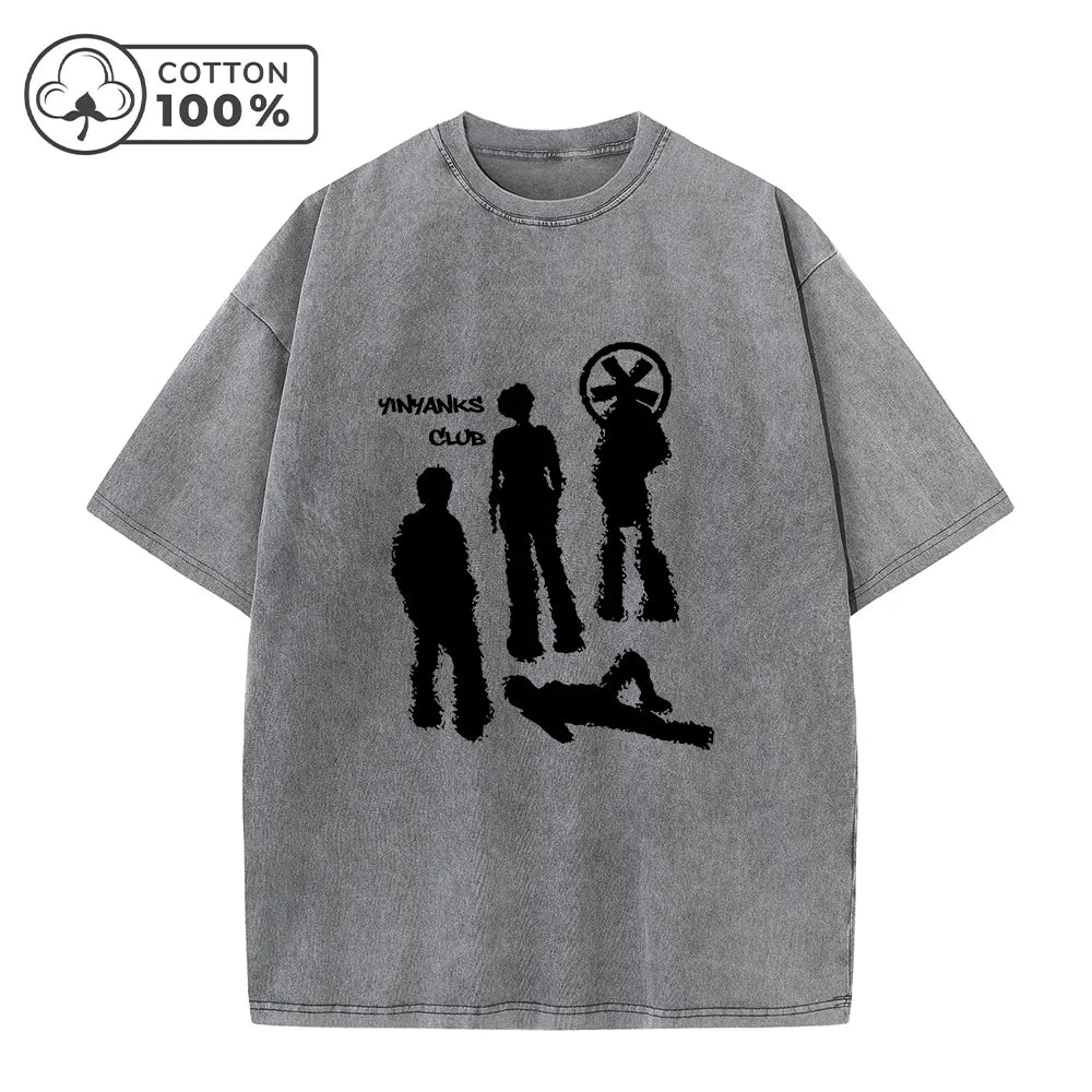 Fashion Retro Washed T-Shirt With Creative Shadow Print Loose Fit Casual Pure Cotton Short Sleeve Street Style Commute Top