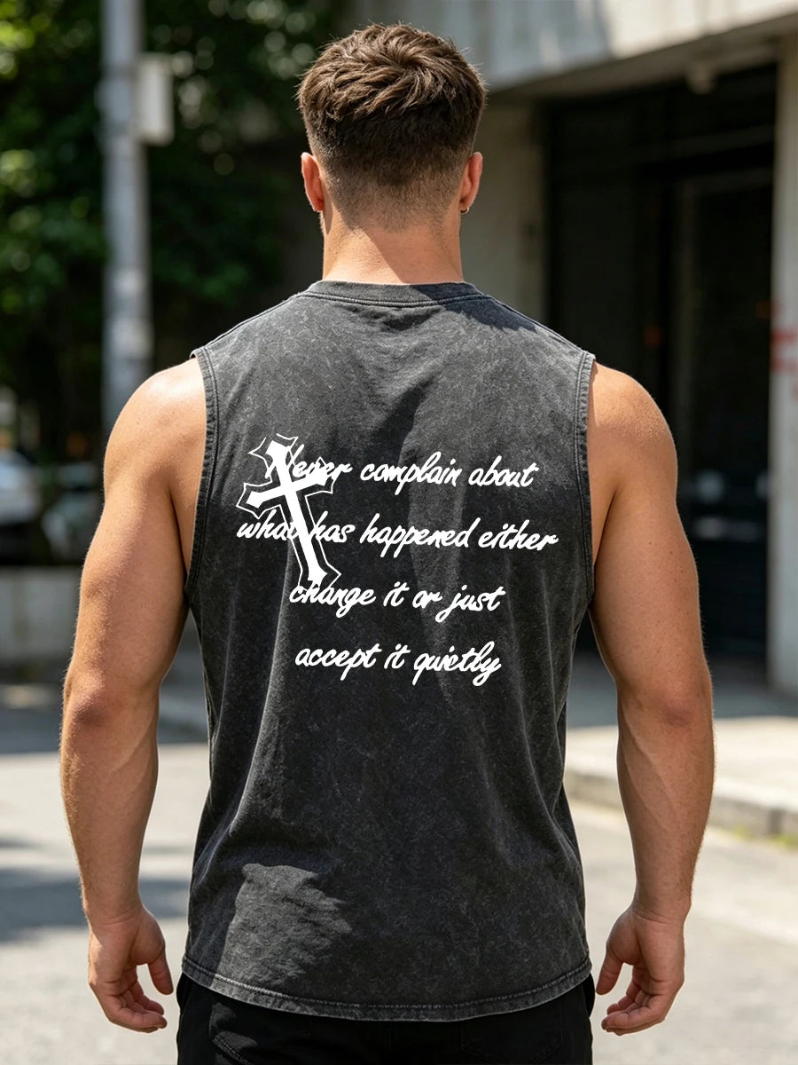 Men's Retro Pure Cotton Washed Vest With Creative Cross Text Print Summer Fashion Casual Vest Daily Commute Outdoor Fitness Top