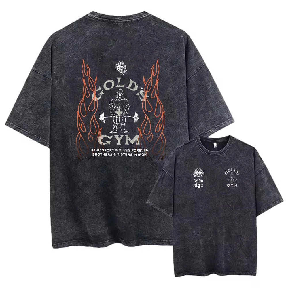 Men's Pure Cotton Washed T-Shirt Outdoor Casual Distressed Fitness Flame Print Short Sleeved Loose Breathable Sports Top
