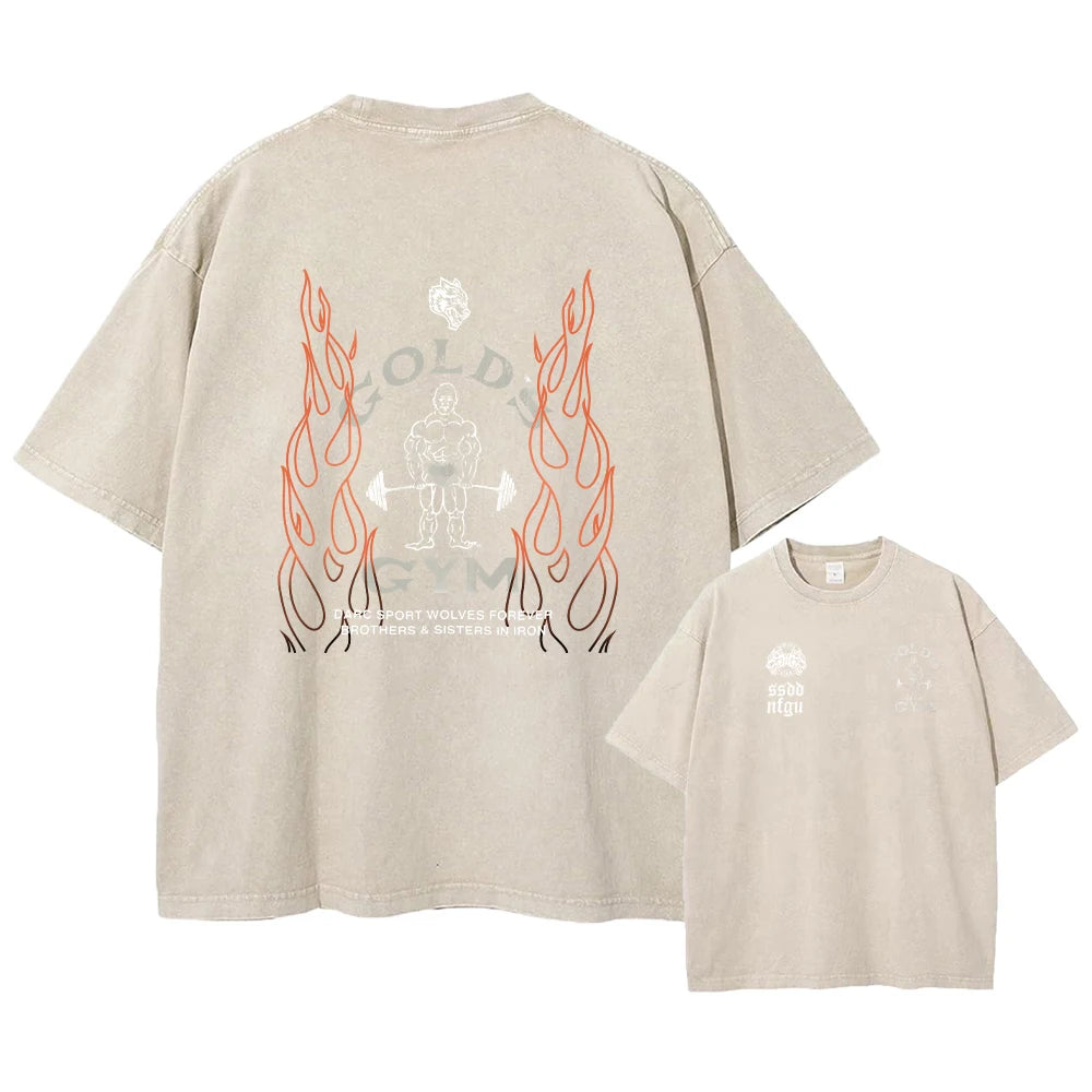Men's Pure Cotton Washed T-Shirt Outdoor Casual Distressed Fitness Flame Print Short Sleeved Loose Breathable Sports Top