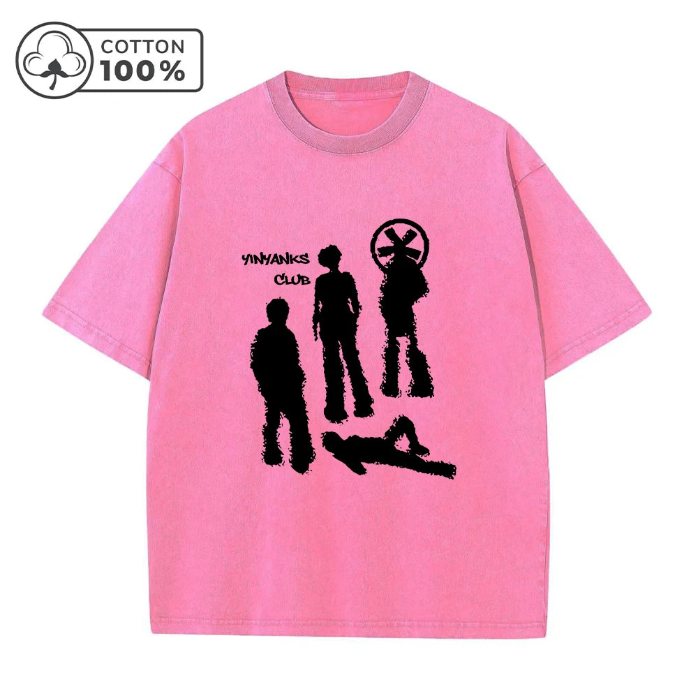 Fashion Retro Washed T-Shirt With Creative Shadow Print Loose Fit Casual Pure Cotton Short Sleeve Street Style Commute Top