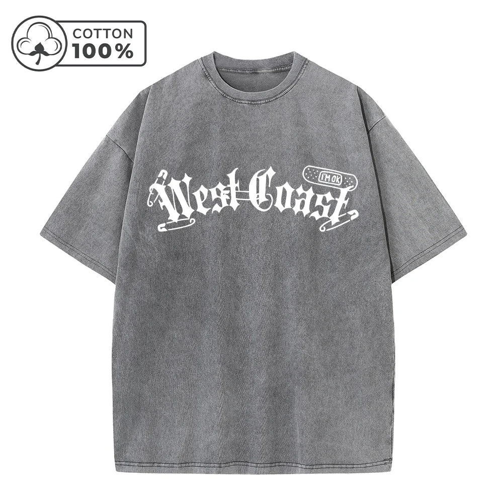 Men's Fashionable Washed T-Shirt With Unique Thorn Text Print Loose Casual Pure Cotton Short Sleeved Street Style Commuter Top