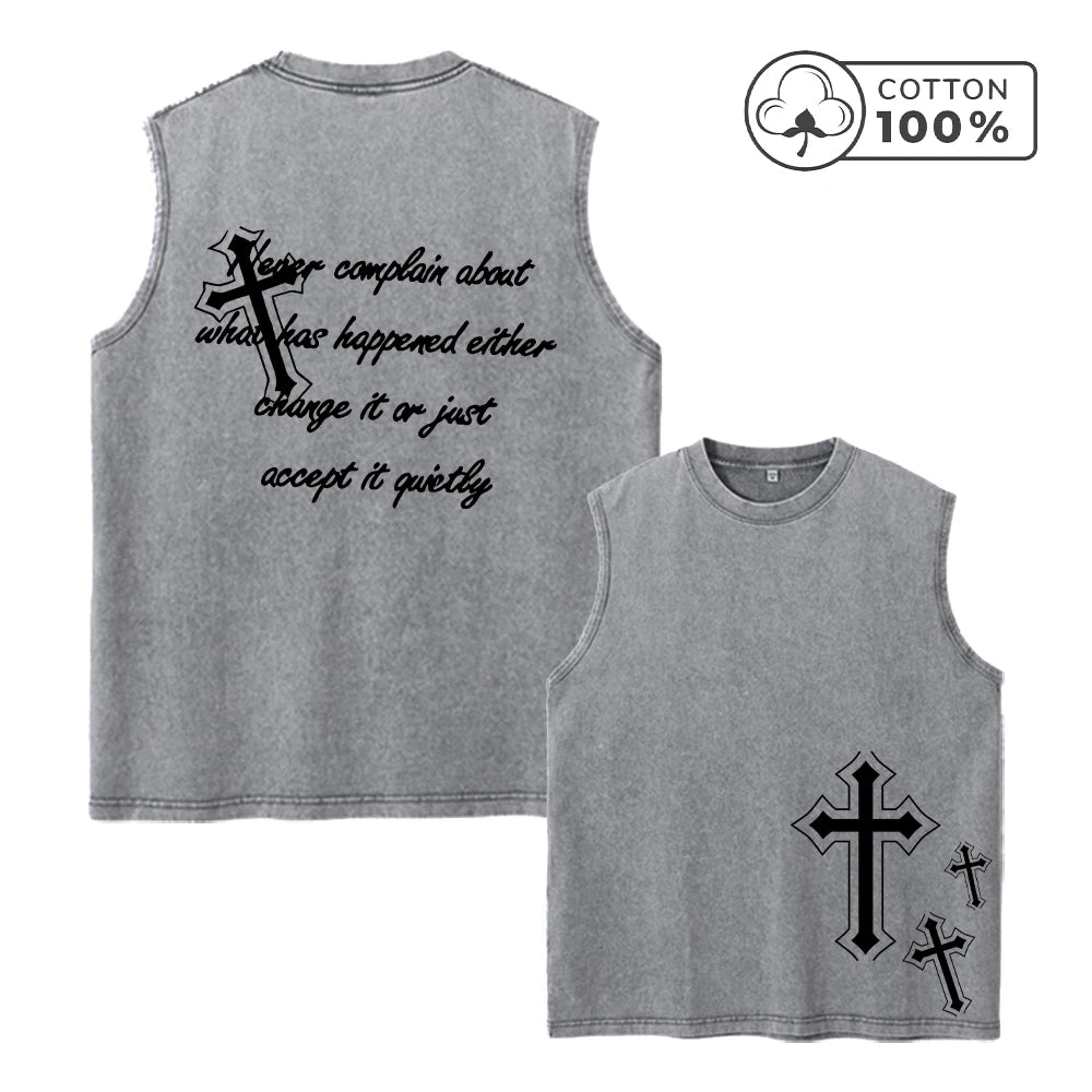 Men's Retro Pure Cotton Washed Vest With Creative Cross Text Print Summer Fashion Casual Vest Daily Commute Outdoor Fitness Top