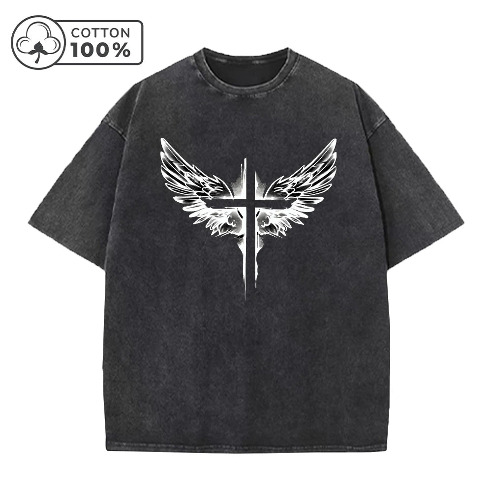 Men's Fashion Retro Washed T Shirt With Cross Wing Print Loose Fit Casual Pure Cotton Short Sleeve Street Style Commuter Top