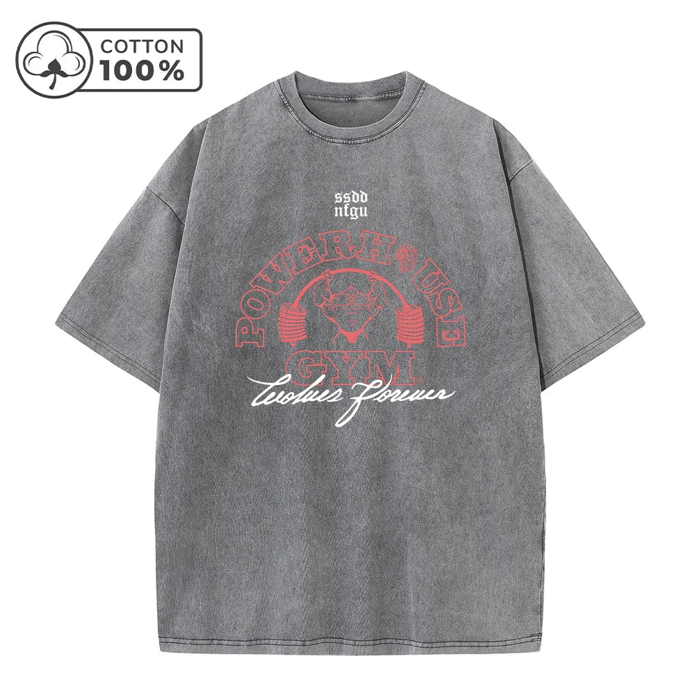 Men's Dumbbell Printed Washed T-Shirt Casual Pure Cotton Street Style Short Sleeve Summer Loose Breathable Sports Top