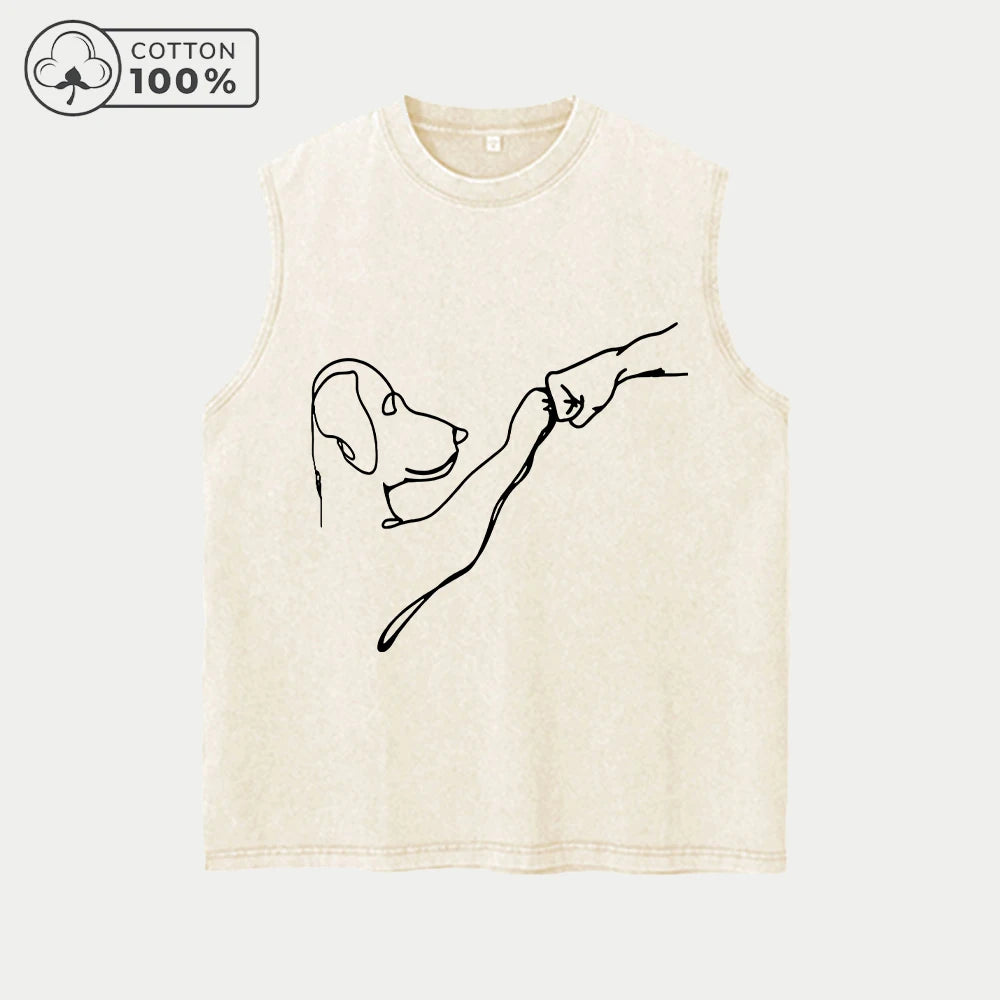 Men's Retro Pure Cotton Washed Vest With Fist Bumper Dog Print Summer Fashion Casual Sleeveless T-Shirt Outdoor Fitness Top