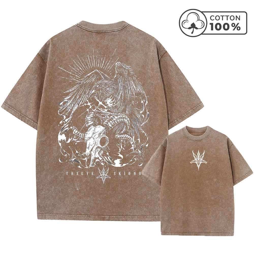 Men's Street Style Washed T-Shirt With Eagle And Ram's Head Print Retro Pure Cotton Short Sleeve Top Casual Daily Commute
