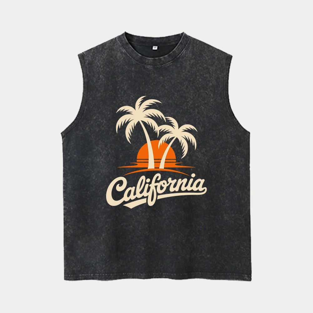 Men's Coconut Tree Print Pure Cotton Washed Vest Summer Fashion Casual Heavyweight Distressed Sleeveless Vest 2026 New Style