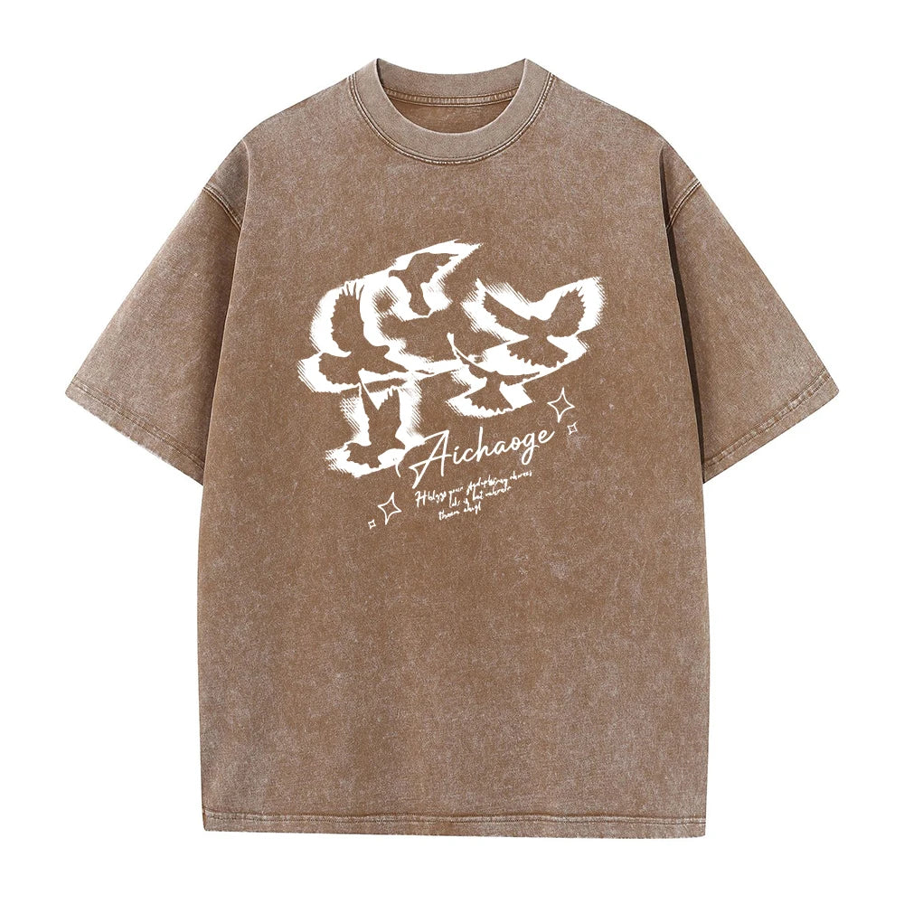 Men's Bird Print Washed T Shirt Summer Retro Distressed Pure Cotton Crew Neck Short Sleeve Fashionable Loose Casual Commuter Top