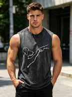 Men's Retro Pure Cotton Washed Vest With Fist Bumper Dog Print Summer Fashion Casual Sleeveless T-Shirt Outdoor Fitness Top