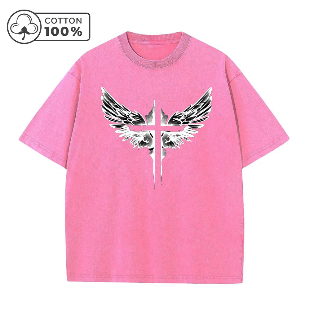 Men's Fashion Retro Washed T Shirt With Cross Wing Print Loose Fit Casual Pure Cotton Short Sleeve Street Style Commuter Top