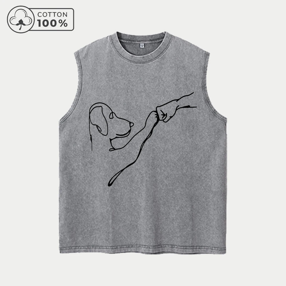 Men's Retro Pure Cotton Washed Vest With Fist Bumper Dog Print Summer Fashion Casual Sleeveless T-Shirt Outdoor Fitness Top