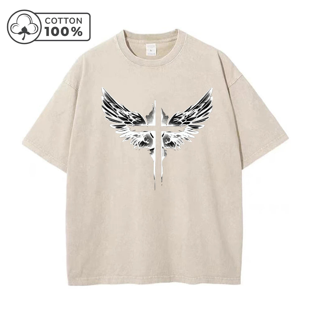 Men's Fashion Retro Washed T Shirt With Cross Wing Print Loose Fit Casual Pure Cotton Short Sleeve Street Style Commuter Top